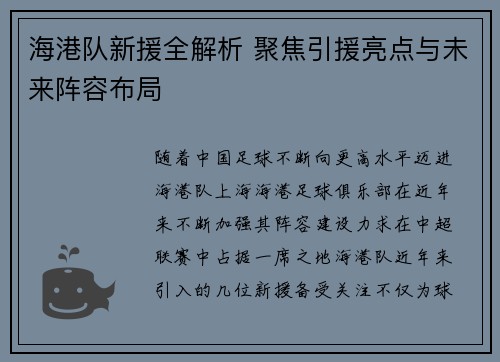 海港队新援全解析 聚焦引援亮点与未来阵容布局