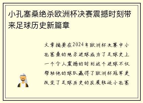 小孔塞桑绝杀欧洲杯决赛震撼时刻带来足球历史新篇章
